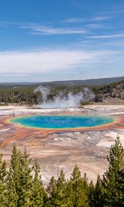 Превью обои горячие источники, кратер, вода, пар, деревья, пейзаж