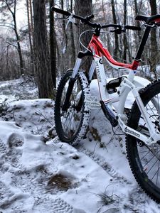 Превью обои горный велосипед, лес, следы, снег