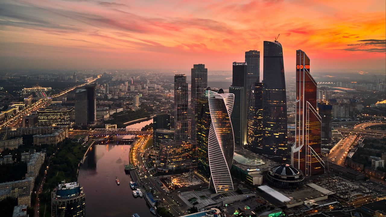 Обои город, архитектура, здания, небоскребы, закат