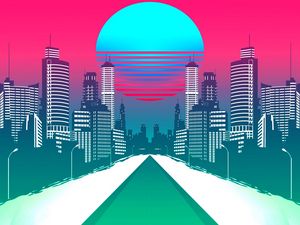 Превью обои город, арт, retrowave, synthwave, ретро