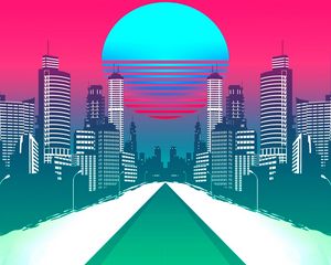 Превью обои город, арт, retrowave, synthwave, ретро