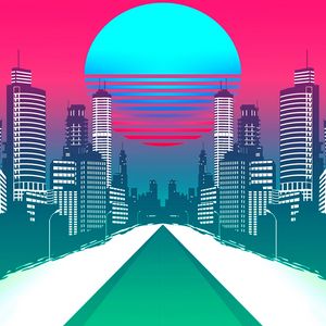 Превью обои город, арт, retrowave, synthwave, ретро