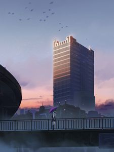 Превью обои город, девушка, зонт, мост