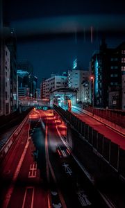 Превью обои город, дорога, здания, вид сверху, ночь