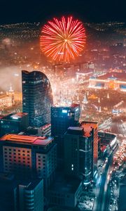 Превью обои город, фейерверк, вид сверху, ночь, здания, огни