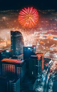 Превью обои город, фейерверк, вид сверху, ночь, здания, огни