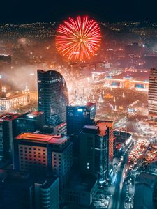 Превью обои город, фейерверк, вид сверху, ночь, здания, огни
