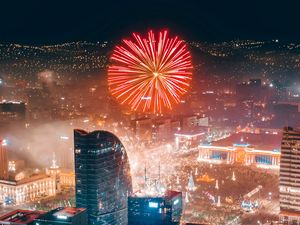 Превью обои город, фейерверк, вид сверху, ночь, здания, огни