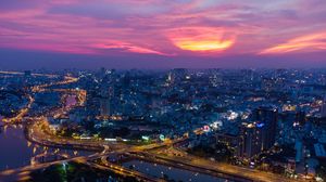 Превью обои город, городской пейзаж, вид сверху, закат