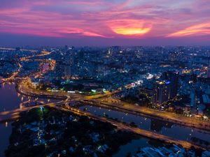 Превью обои город, городской пейзаж, вид сверху, закат