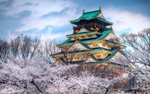Превью обои город, япония, храм, небо, весна, сакура, цвет
