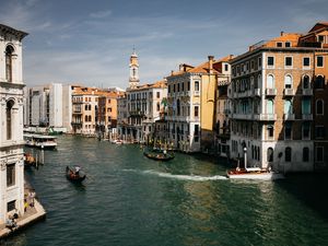 Превью обои город, лодка, река, здания, вид сверху, венеция