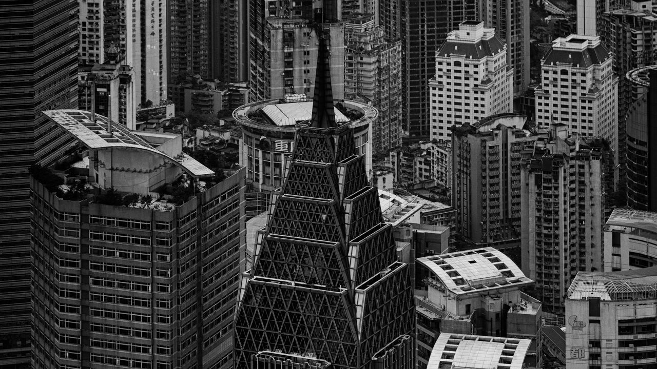 Обои город, мегаполис, здания, вид сверху, черно-белый