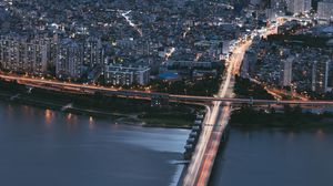 Превью обои город, мост, вид сверху, здания, побережье