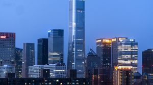 Превью обои город, небоскреб, здания, огни, сумерки