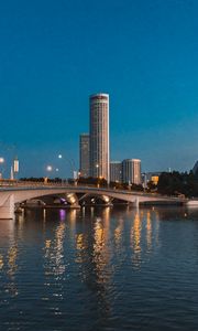 Превью обои город, небоскребы, мост, вода, огни, сумерки