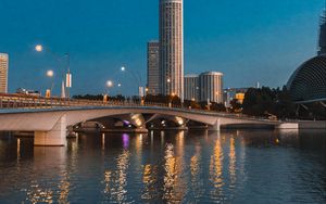Превью обои город, небоскребы, мост, вода, огни, сумерки