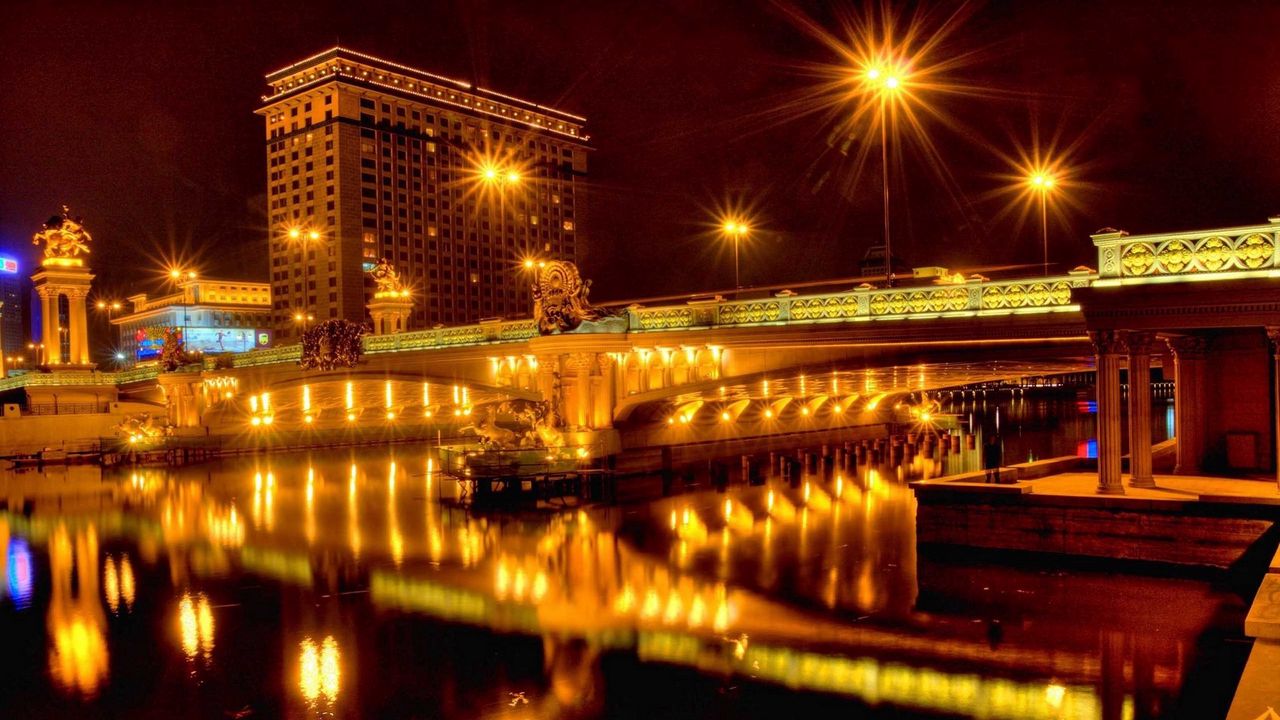 Обои город, ночь, мост, река, огни, отражение