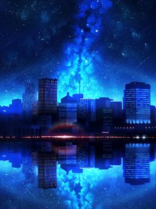 Превью обои город, ночь, звездное небо, вода, отражение
