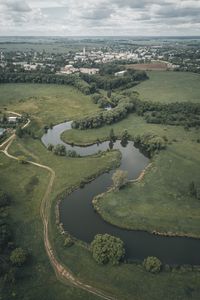 Превью обои город, река, извилистый, деревья, горизонт