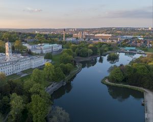 Превью обои город, река, здания, вид сверху, обзор