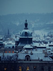 Превью обои город, церковь, рассвет, свет, здания, крыши