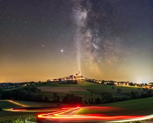 Превью обои город, туманность, длинная выдержка, неон, ночь