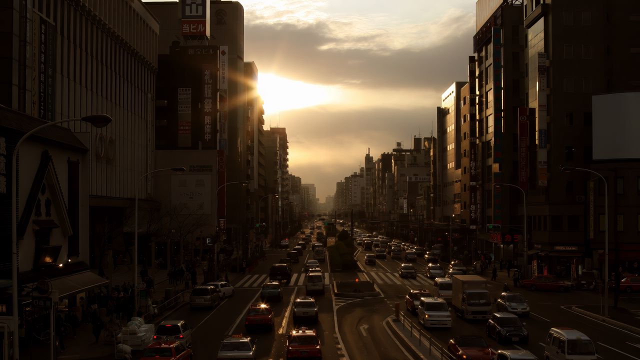 Обои город, улица, автомобили, темный