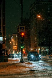 Превью обои город, улица, ночь, снег, машины