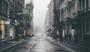 Превью обои город, улица, снегопад, зима, туман