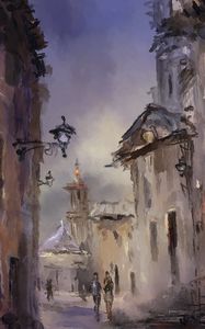 Превью обои город, улица, здания, фонари, люди, арт