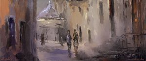 Превью обои город, улица, здания, фонари, люди, арт