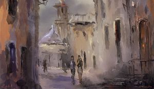 Превью обои город, улица, здания, фонари, люди, арт
