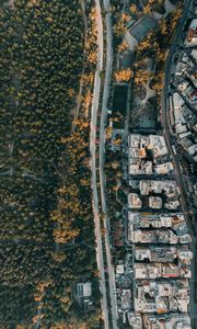 Превью обои город, вид сверху, дорога, здания, лес
