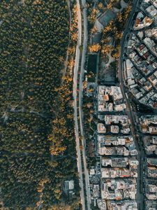 Превью обои город, вид сверху, дорога, здания, лес