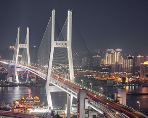 Превью обои город, вид сверху, мост, дорога, длинная выдержка, здания, огни