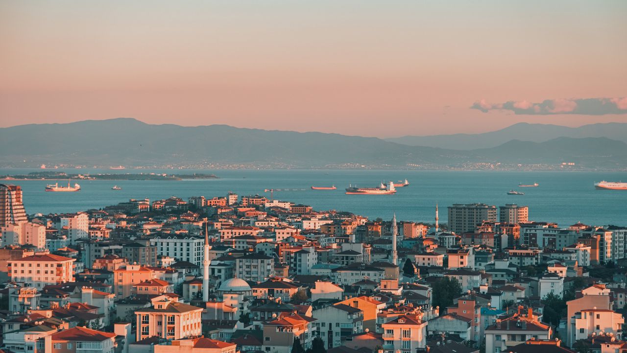 Обои город, вид сверху, побережье, здания, стамбул, турция
