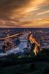 Превью обои город, вид сверху, река, здания, огни