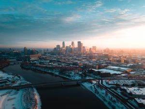 Превью обои город, вид сверху, здания, река, мост, зима