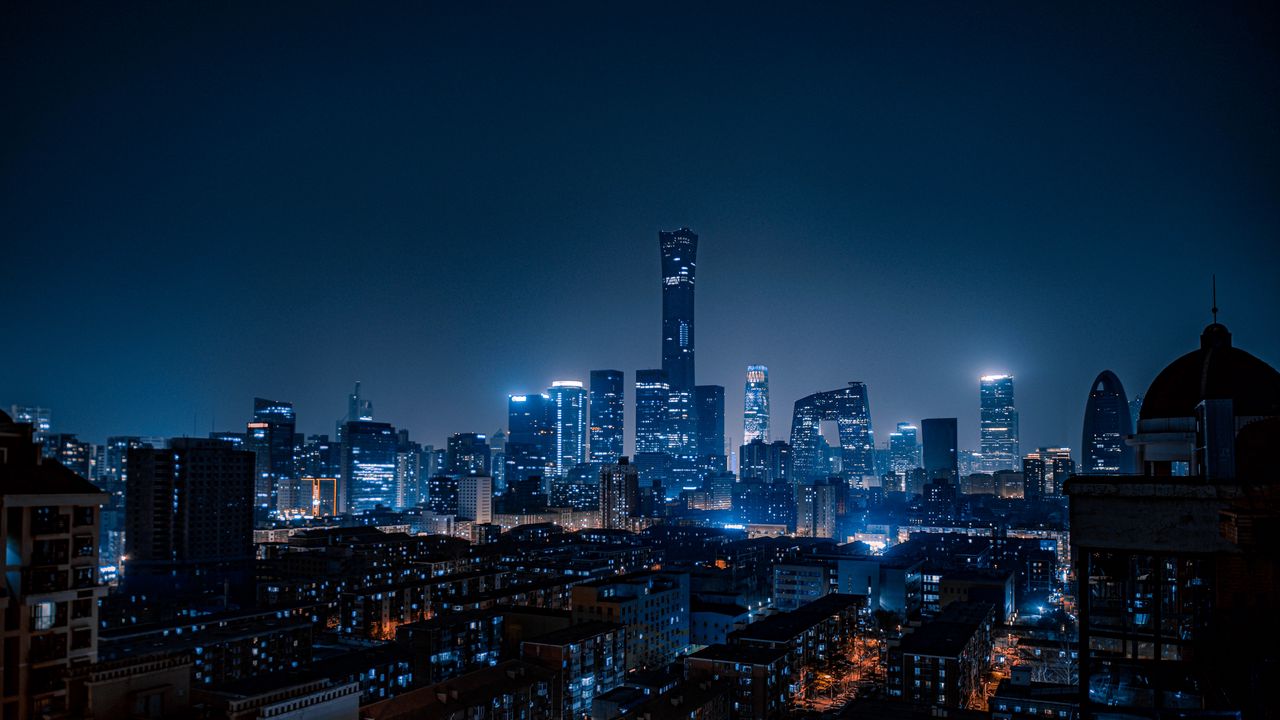 Обои город, вид сверху, здания, ночь, огни, пекин, китай
