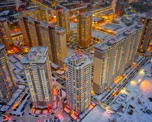 Превью обои город, вид сверху, здания, сумерки, снег, зима