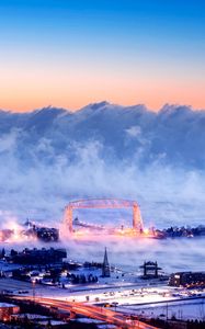 Превью обои город, вид сверху, здания, дорога, мост, снег, буря