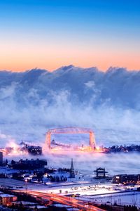 Превью обои город, вид сверху, здания, дорога, мост, снег, буря