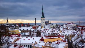 Превью обои город, вид сверху, здания, городской пейзаж, снег, зима