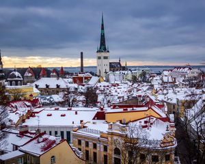 Превью обои город, вид сверху, здания, городской пейзаж, снег, зима