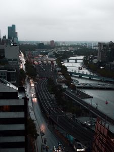 Превью обои город, вид сверху, здания, дорога, река