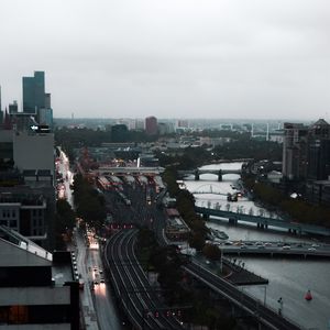 Превью обои город, вид сверху, здания, дорога, река