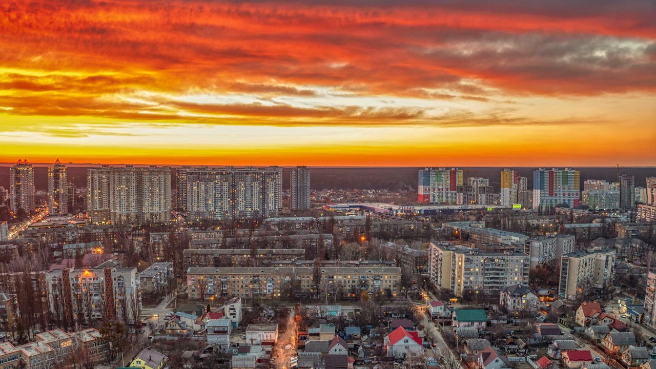 Обои город, вид сверху, здания, закат, городской пейзаж