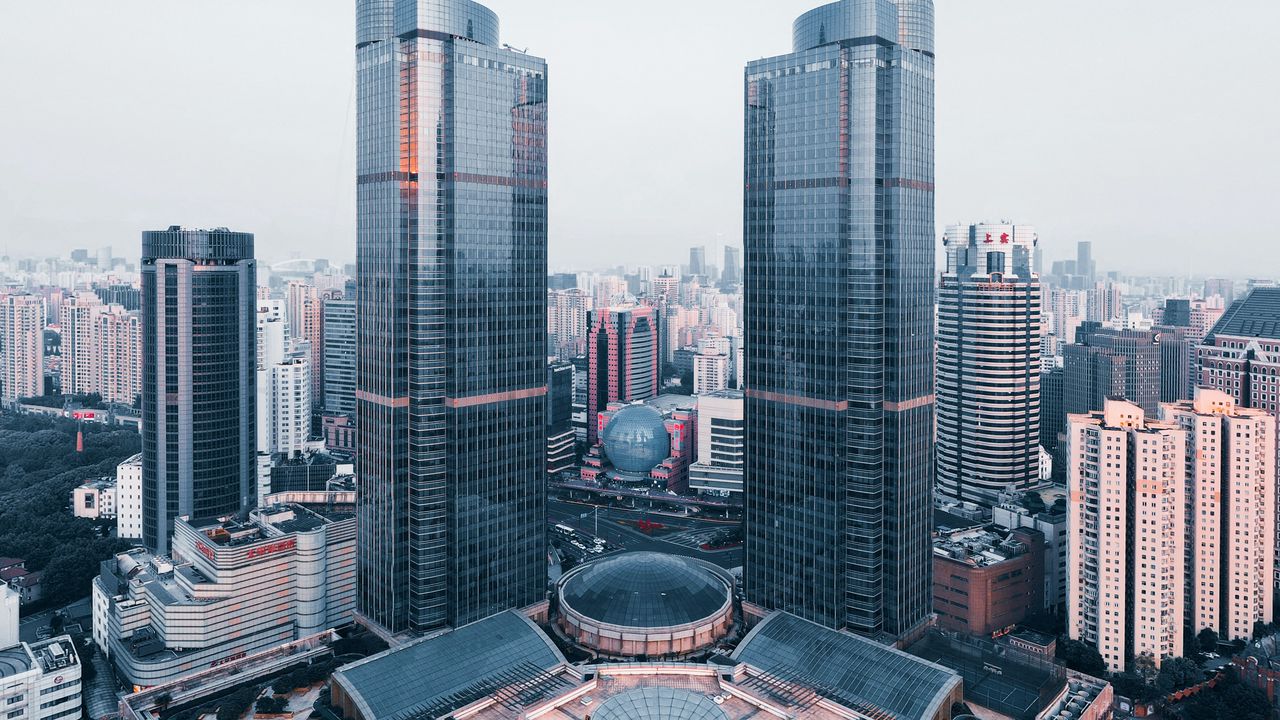 Обои город, вид сверху, здания, небоскребы, мегаполис, шанхай