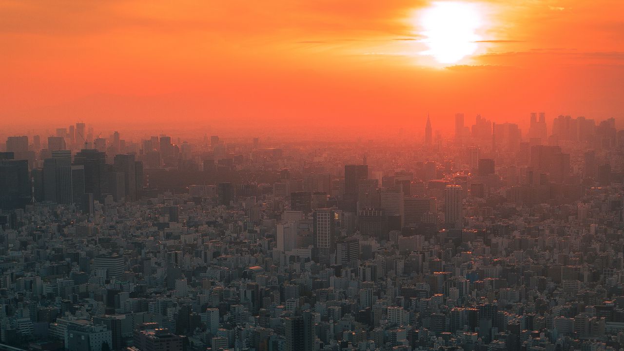 Обои город, закат, туман, вид сверху, токио, япония